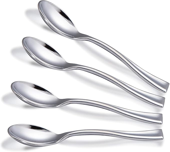 WDF 300 Pieces Plastic Silver Mini Spoons - 4 Inches Silver Plastic Tasting Spoons for Desserts, Heavy Duty Disposable Spoons Perfect for Coffee, Cake, Desserts, Appetizers for Wedding Spring Party