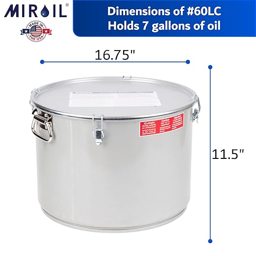 MirOil Oil Grease Bucket & Filter Pot, Silver (7 Gallon) – Fryer Container w/Lid Lock & Clip, Food Grade Interior Coating - Hot Grease Collection Pot - Made In USA – Model #60L
