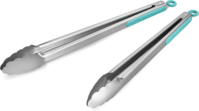 304 Stainless Steel Kitchen Cooking Tongs, 14 & 16", Set of 2, Aqua Sky