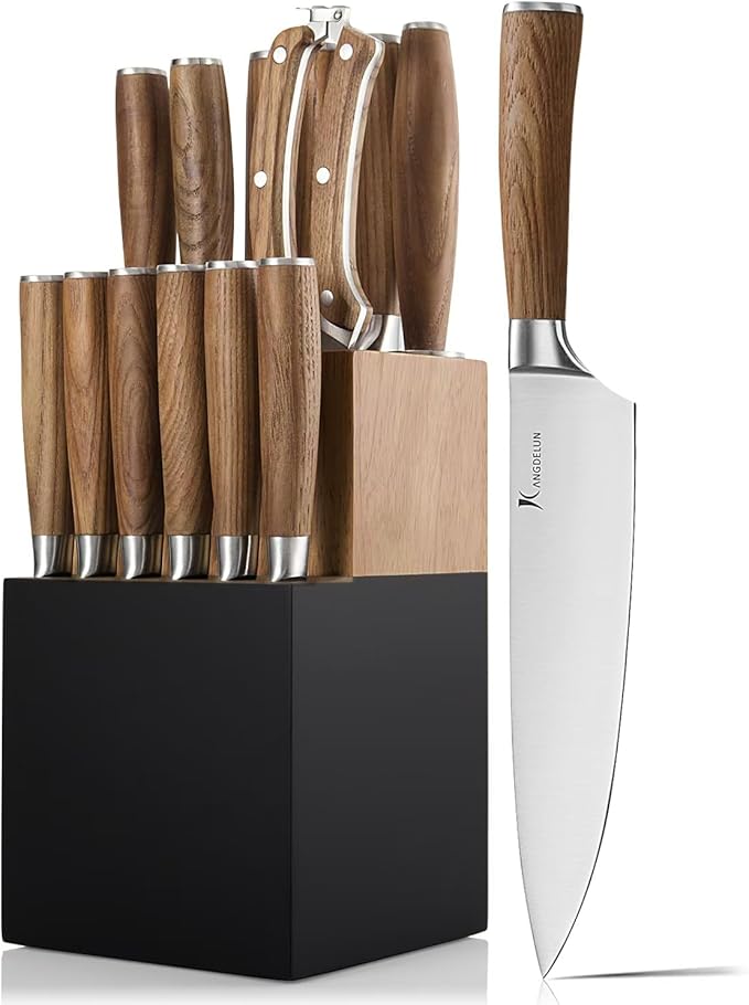 Kangdelun Ultra Sharp 15-Piece Kitchen Knife Set, High Carbon Stainless Steel Blades, Torrefied Brown Wood Handles, Ergonomic Design, Space-Saving Black-Finished Wood Block, Easy Hand Wash, Gift Box