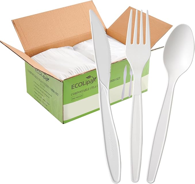 ECOLipak 350 Pcs Compostable Cutlery Set 150 Forks 100 Spoons 100 Knives