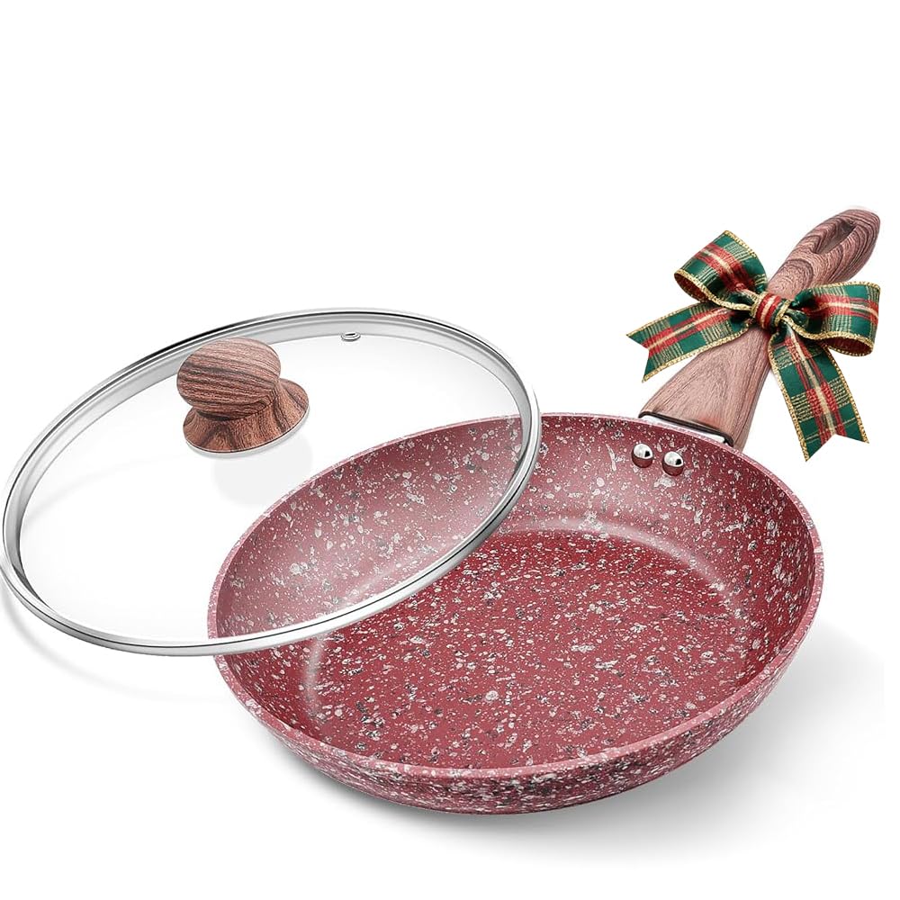 KOCH SYSTEME CS 12" Red Granite Non-Stick Frying Pan with Lid, Classic Pans with Non-toxic Nonstick Coating, Aluminum Skillet with Heat-resistant Bakelite Handle, Induction Compatible Frying Pan