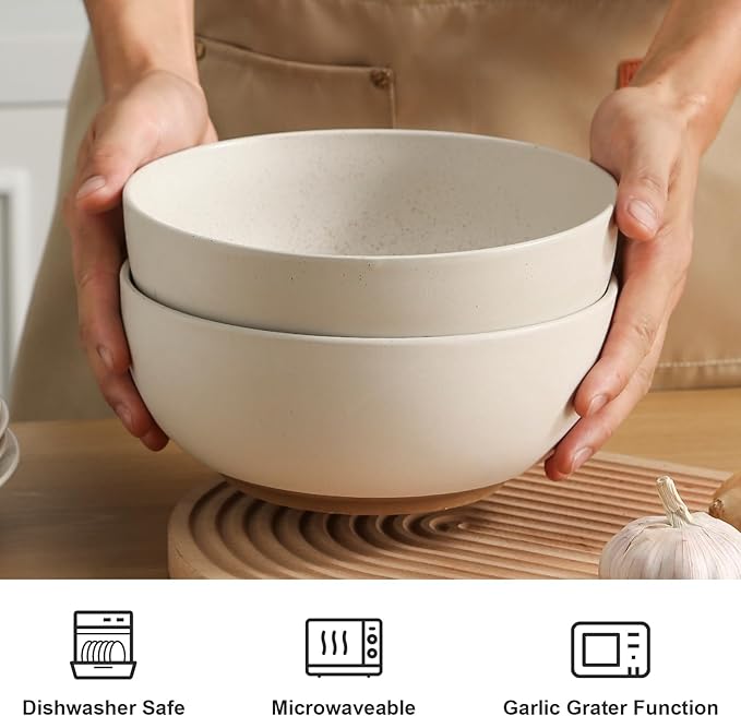 KGCCIZI Ceramic Large Salad Bowls with Garlic Grater Function. White 60 OZ Salad Serving Bowl. Deep Bowl fit for Soup, Cereal, Ramen, Pasta, Salad.