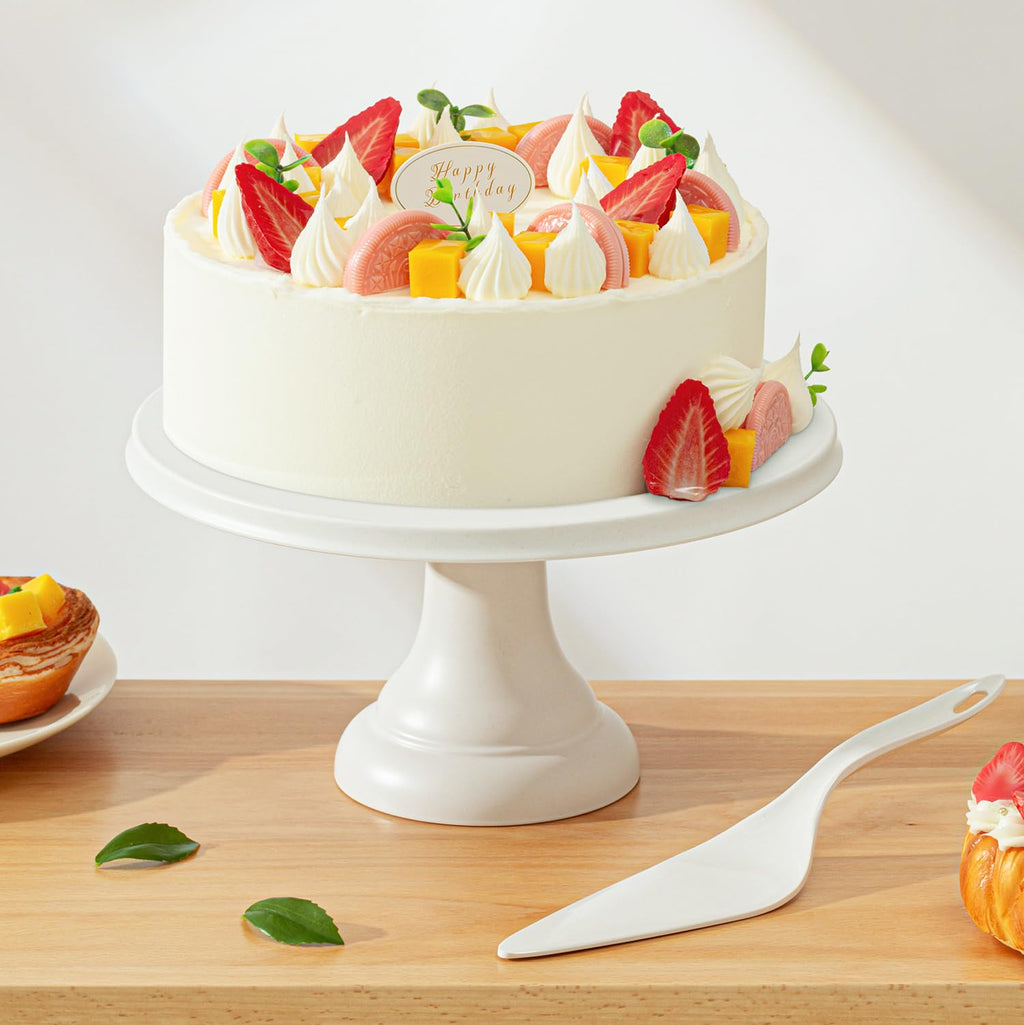 JOYMAY 9.6 Inch Bamboo Fiber Cake Stand, Round Cake Holder, Cake Plate with Detachable Base, Dessert Table Display Set, Cake Decorating for Birthday Party Baking Gifts for 6inch, 8inch Cakes (White)