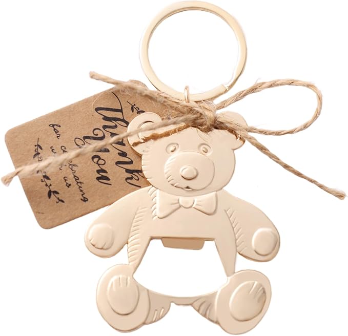 Uezea Bottle Openers Baby Shower Return Favors for Guests Cute Bottle Opener Decorations and Souvenirs with Organza Bags Tags for Theme Party Favors (Retro Style,73 pieces) (Teddy bear)