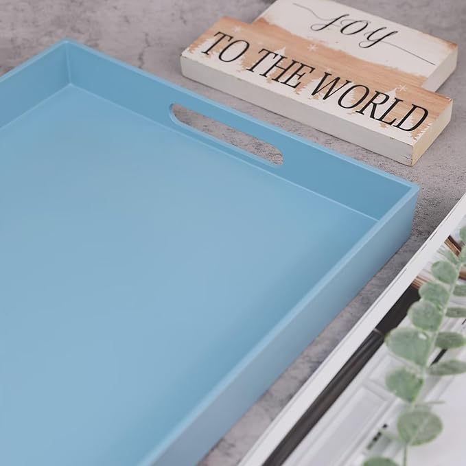 SforGUVA Blue Serving Tray for Coffee Table, Rectangular Plastic Decorative Tray with Handles for Entertaining, Outdoor Patio, Living Room, Ottoman, Bathroom Counter, 11.8”*15.7”*1.6”