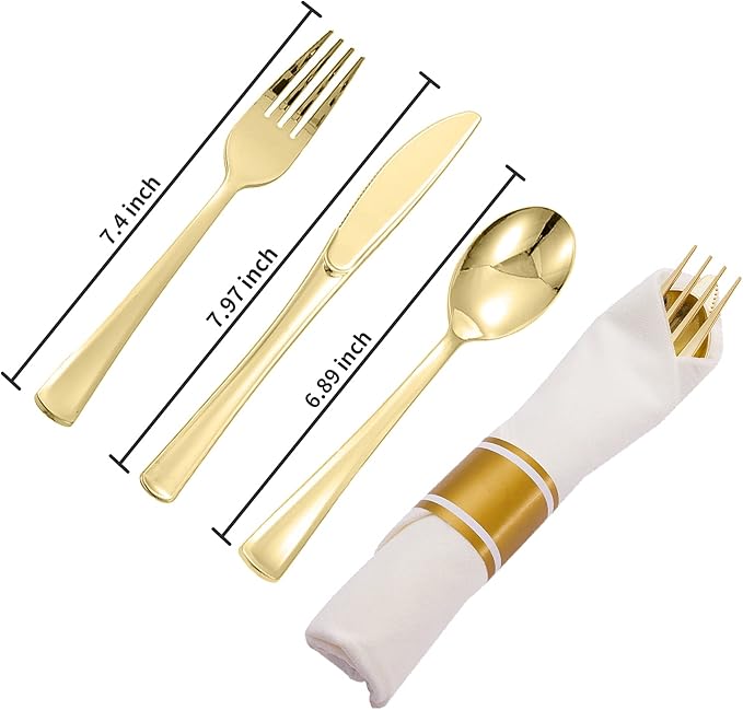 N9R 50 Pack Pre Rolled Gold Plastic Silverware with Napkins, Disposable