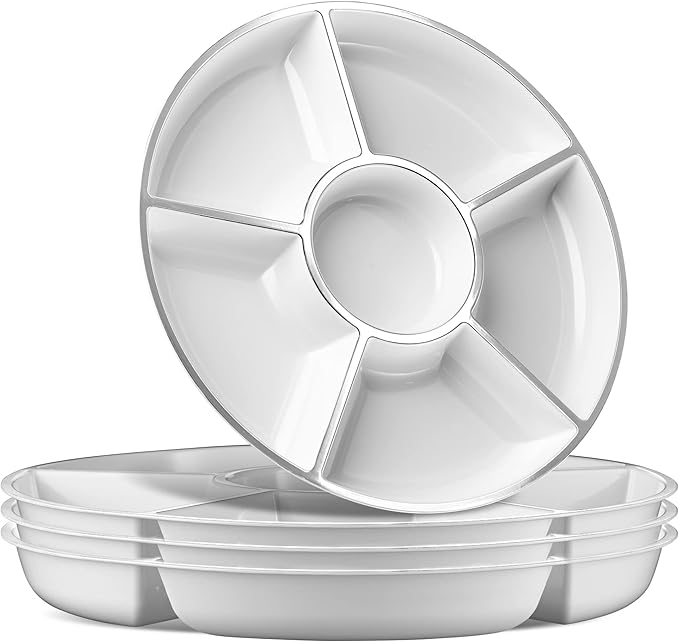 6 Sectional Round Plastic Serving Tray/Platters White W Silver Rim Pack of 2