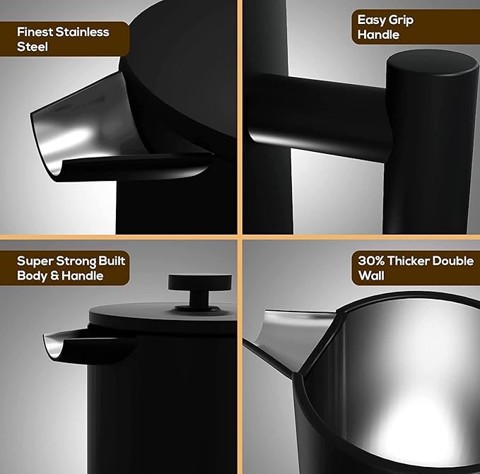 Coffito French Press Coffee Maker,Stainless Steel Double Wall Insulated Coffee Press 34 oz,4-8 Cups, Portable Hot Cold Brew Teapot Cafetera for Coffee Bar Accessories Kitchen Camping (Black,34oz)
