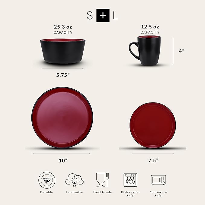 Stone Lain Albie Stoneware 16 Piece Modern Dinnerware Set, Kitchen Plates and Bowls Sets, Service for 4, Red and Black, Microwave & Dishwasher Safe