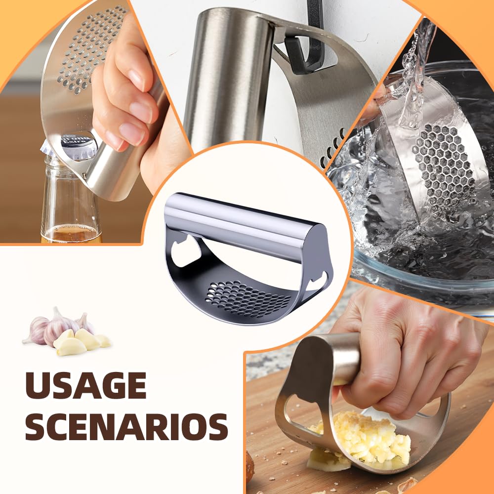 2026 New Garlic Press Rocker, Upgrade Garlic Press Stainless Steel, Portable Manual Stainless Steel Garlic Press Rocker, Innovative Garlic Crusher with Peeler and Scraper (3)