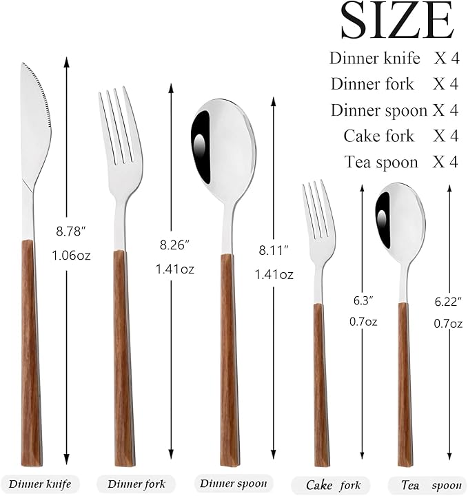 Snplowum 20 Piece (4 Set) Silver Stainless Steel Tableware With Wooden Handle, Wedding Cutlery And Daily Use, Silverware For Home Restaurant Party, Mirror Finished