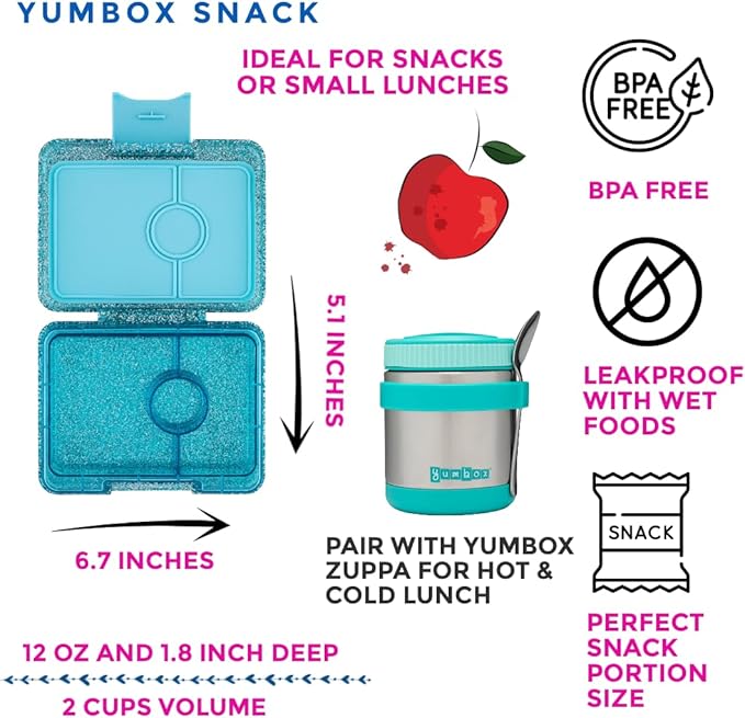 Yumbox Snack Box, 3 Compartments, Leakproof, Glitter Blue