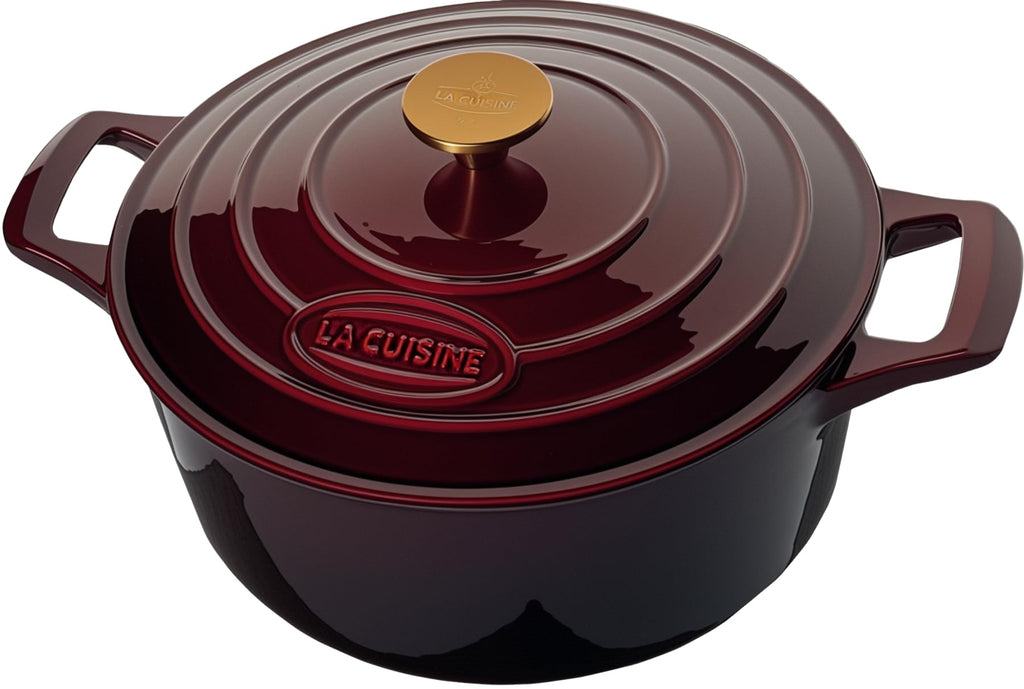 La Cuisine Enameled Cast Iron Dutch Oven Casserole Pot with Golden handle for Lid, Internal Matte Black Enamel Coating, 6.5 QT 11" / 28cm Ø, Oven-Safe 550°F/276°C, Cranberry