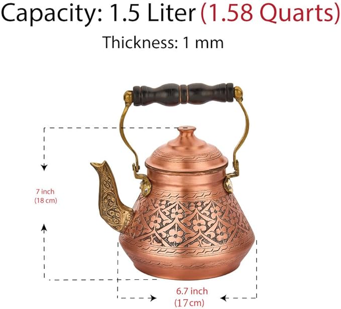 Vintage 100% Solid Pure Copper Turkish TeaPot Tea Pot Kettle for Stovetop Stove Top Traditional Decorative Fancy Arabic Moroccan Party Hammered Kitchen Antique Handmade Unique Style Gooseneck Gift