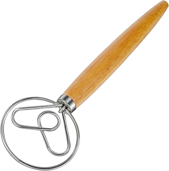 ANMIOU Danish Dough Whisk Dutch Bread Mixer Stainless Steel Hook Wooden Handle Baking Tools for Sourdough Pizza Pastry Cake Batter Making