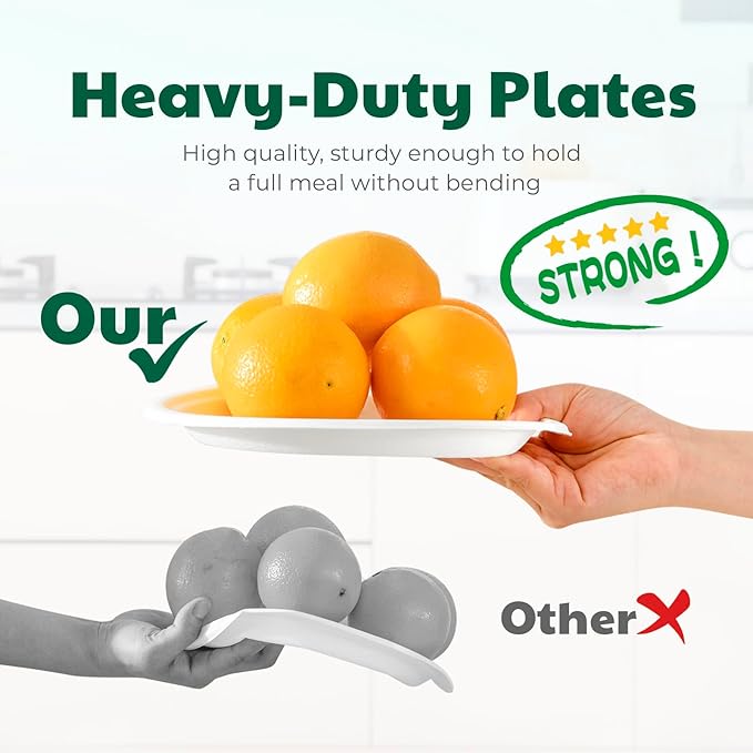 Joyborn Heavy Duty Compostable Paper Plates 9 Inch, White, 125 Pack