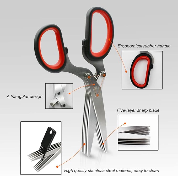 5 Blade Herb Scissors Kitchen Herb Shears Cutter Multipurpose Cutting Shear with 5 Stainless Steel Blades & Safety Cover & Cleaning Comb Salad Sizzors Cilantro Chive Parsley Onion Scissors (Black Red)