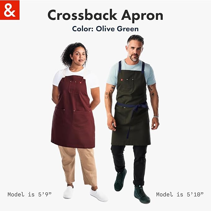hedley & bennett Crossback Chef Apron, Pockets & Towel Loop, Olive Green