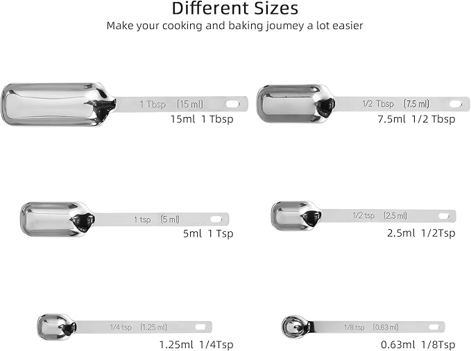Nstezrne Measuring Spoons Set of 6, 18/8 Stainless Steel Measuring Spoons for Dry & Liquid, Spice Long Handle Tbsp Nesting Measure Spoon for Baking & Kitchen