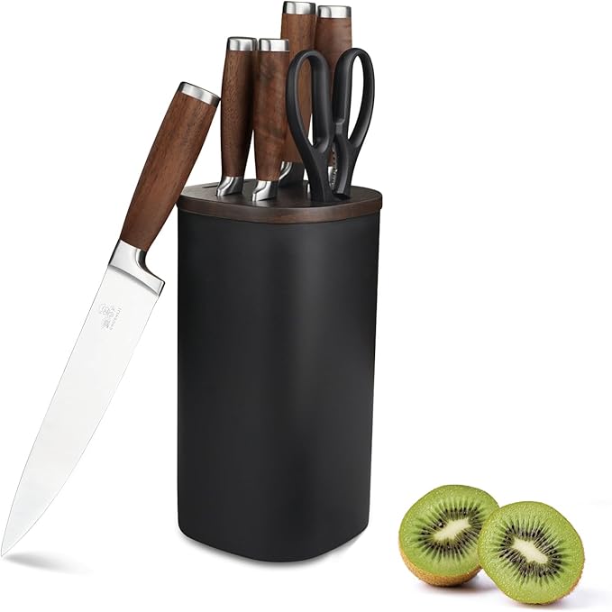 Knife Block Set（Walnut handle）, 7-Piece Black Kitchen Knife Set for Home, Anti-Rust Non-stick Stainless Steel Sharp Chef Knife Set with Universal