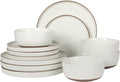 Gibson Elite Northrock Stoneware Dinnerware Set, 12-Piece Service for 4 Plates and Bowls Set – White Dishes with Hand-Painted Terracotta Base