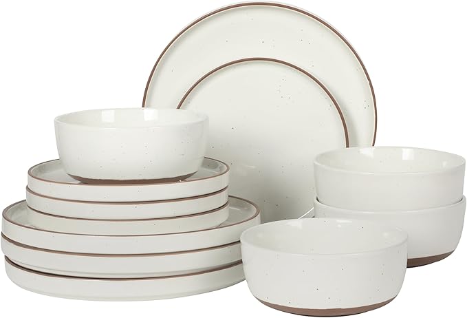 Gibson Elite Northrock Stoneware Dinnerware Set, 12-Piece Service for 4 Plates and Bowls Set – White Dishes with Hand-Painted Terracotta Base