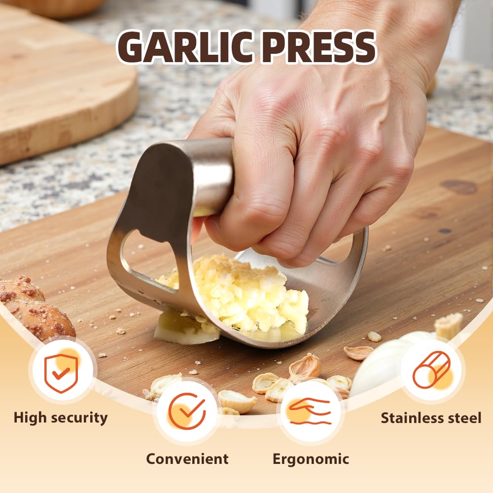 2026 New Garlic Press Rocker, Upgrade Garlic Press Stainless Steel, Portable Manual Stainless Steel Garlic Press Rocker, Innovative Garlic Crusher with Peeler and Scraper (3)