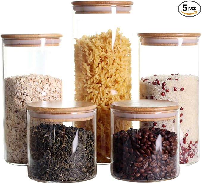 LEAVES AND TREES Y Stackable Kitchen Canisters Set, Pack of 5 Clear Glass Food Storage Jars Containers with Airtight Bamboo Lid for Candy, Cookie, Rice, Sugar, Flour, Pasta, Nuts