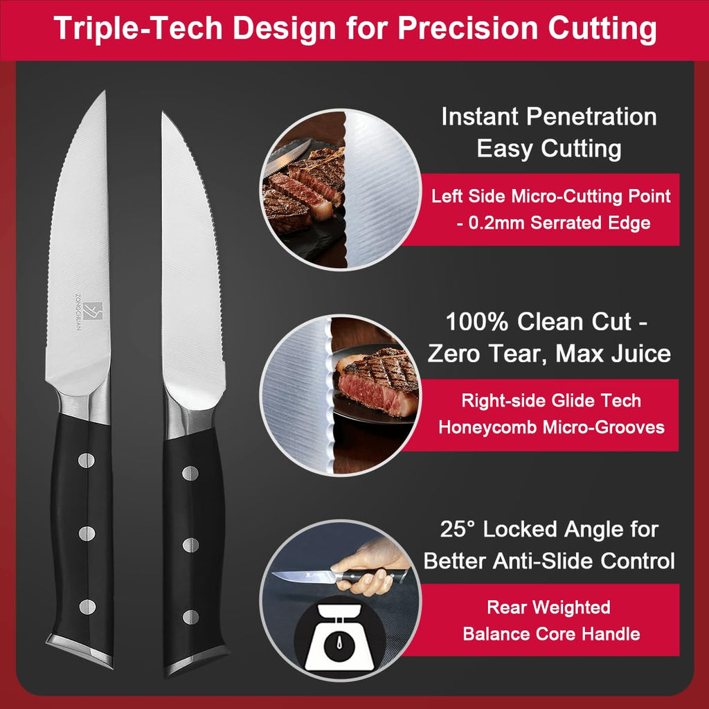 Steak Knives,4.5 Inch Steak Knives Set of 8, Micro-Cutting Point Serrated Edge, Very Sharp Steak Knife, Dishwasher Safe, 50CR15MOV Stainless Steel, Handle Ergonomic And Full Tang Design With Gift Box