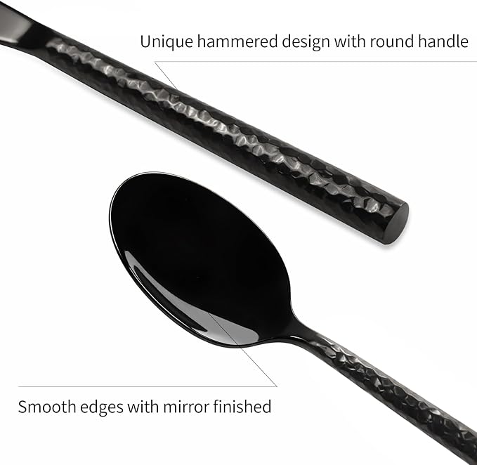 Kelenfer Black Silverware Set Round Hammered Handle 20 Pieces Service for 4