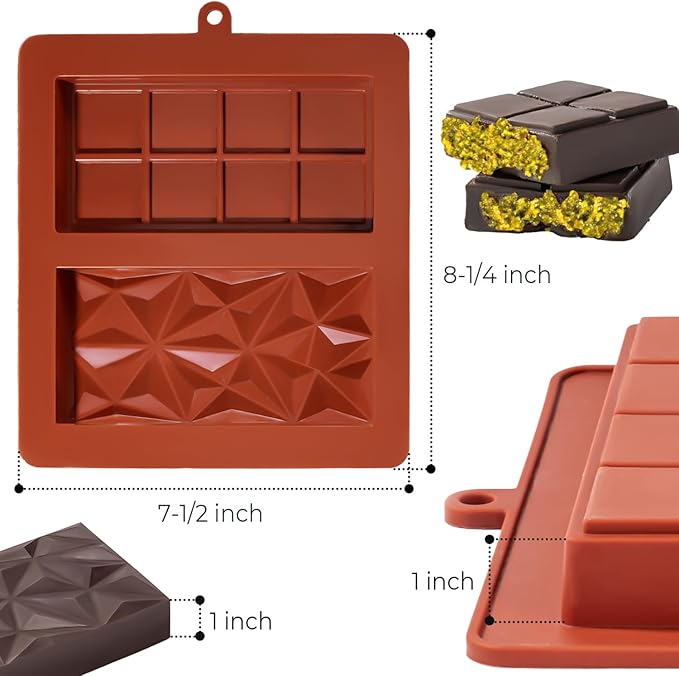 UWILLION Chocolate Bar Mold Deep Dubai 1 Inch 2 Pcs Pistachio Chocolate Bar Silicone Thick Mold for Stuffed Bar, Large Candy Bar Mould for Filling