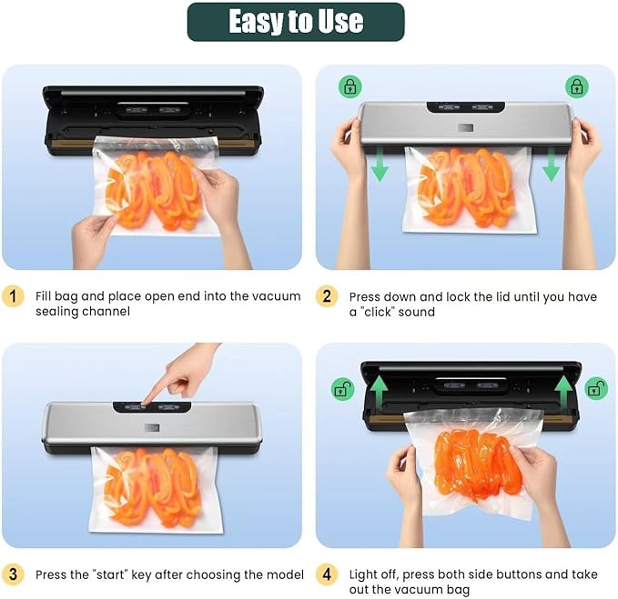 Compact Food Saver Vacuum Sealer Machine 100 Times Consecutive Works | 5mm Sealing Wire | 5 Food Modes | Portable Dry&Moist Multi-Functional Storage with 10 Vacuum Seal Bags