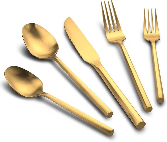 Kelenfer Matte Gold Silverware Set Hexagon Handle 20-Piece Service for 4