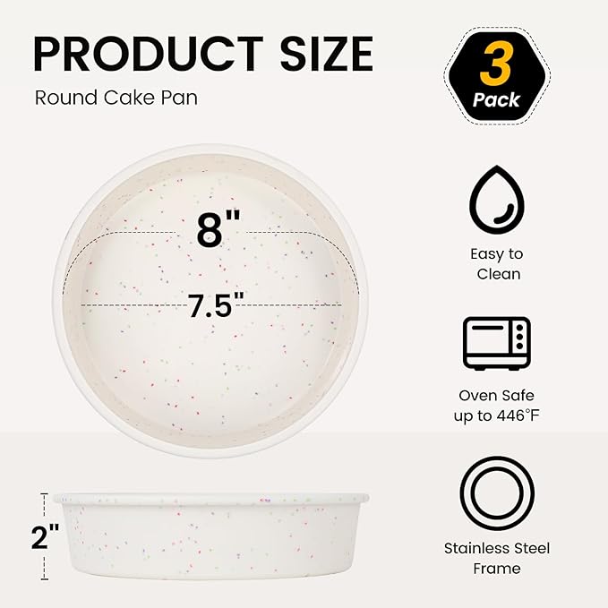 Vinino 8 Inch Round Cake Pan Set, 3 Pack Silicone Mold with Steel Frame