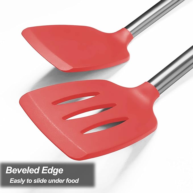 2 Pack Spatulas, Solid & Slotted Silicone Spatula Set, Stainless Steel Handle Coated with Silicone, Non Stick Turners, Heat Resistant Rubber Spatulas for Fish, Eggs, Pancakes, WOK, Red