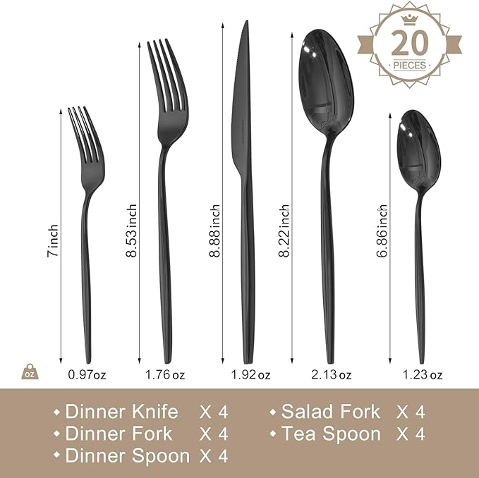 18/10 Silverware Set for 4, 20 Piece Black Stainless Steel Flatware Cutlery