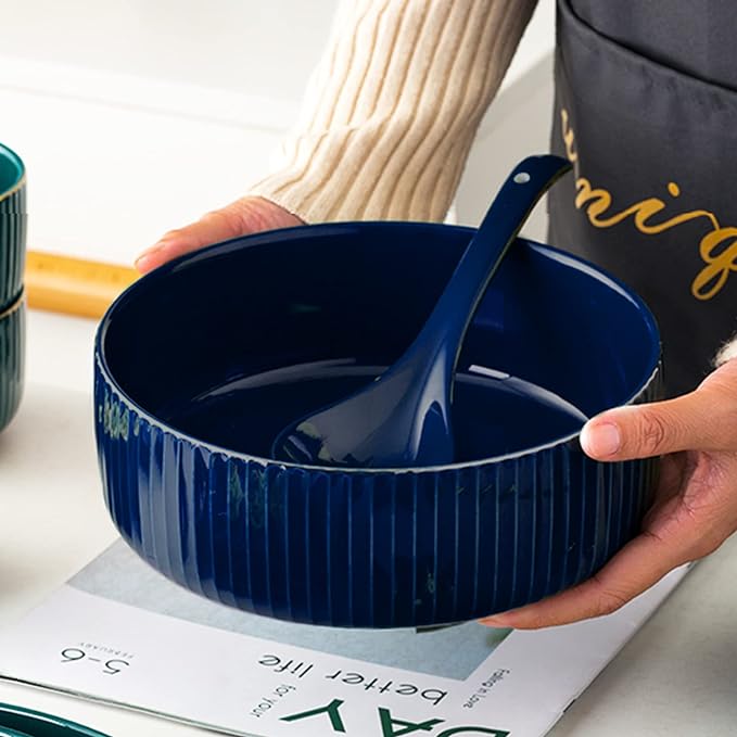 Extra Large Salad Bowl, 2800ml Ceramic Fruit Bowl, Stylish Navy Blue Round Vertical Stripe Soup Bowl, Serving Bowl for Salad, Fruit, Noodle, Soup(23.5x8.8cm, 95oz)