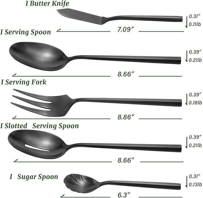 DEACORY Black Silverware with Serving Utensil Hexagon Handle Service for 8