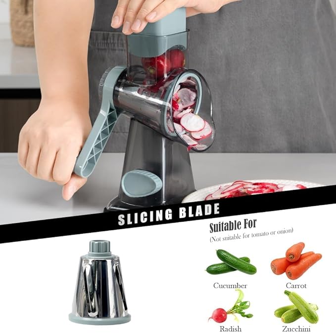 Badelite Cheese Grater Vegetable Cheese Shredder Slicer Grater for Kitchen 3 Changeable Blades for Cheese Potato Zucchini Nuts Chocolate (Grey Blue)