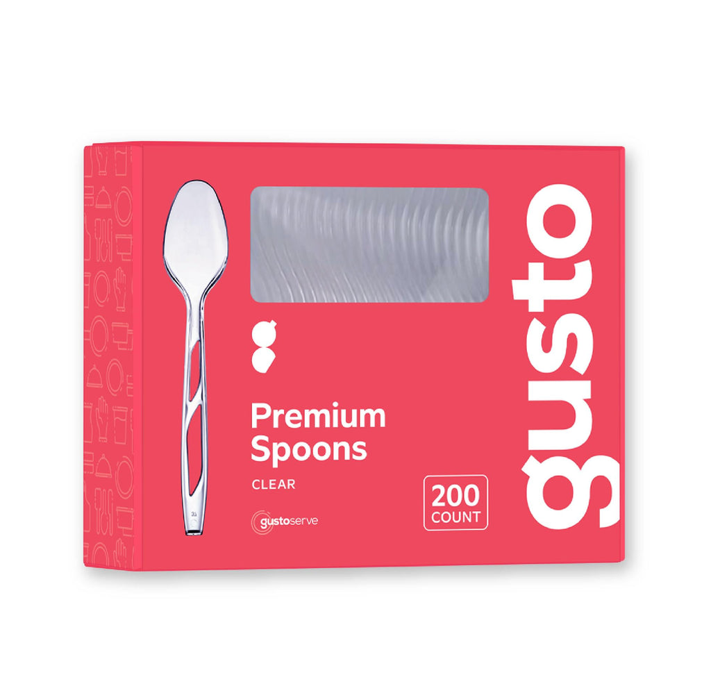 GUSTO [200 Count] Premium Heavyweight Spoons Plastic Disposable, Clear Plastic Spoons Heavy Duty, Perfect for Parties, Events, and Catering (Formerly Comfy Package)