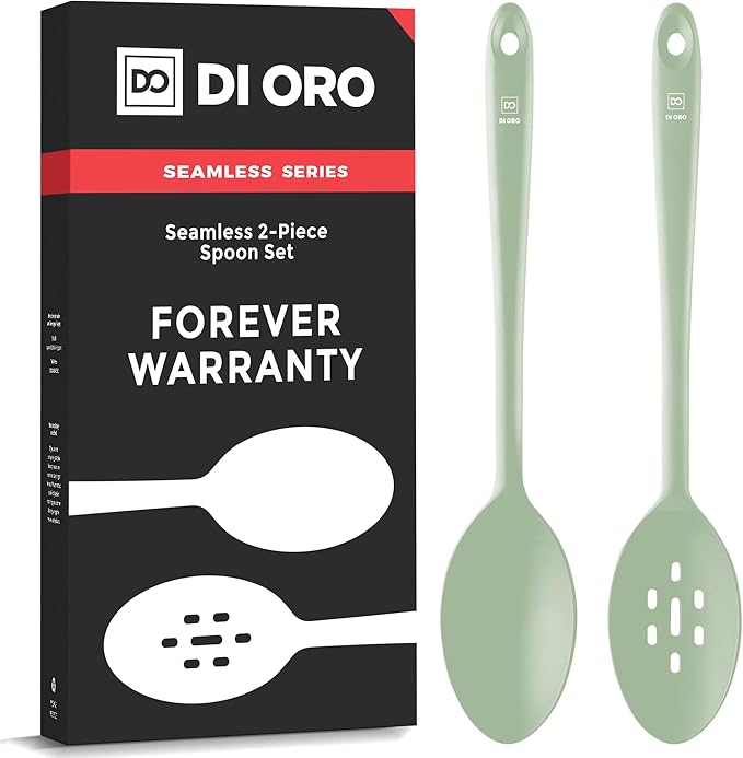 DI ORO Silicone Cooking Spoons - Solid & Slotted Set, 2-Pc Sage