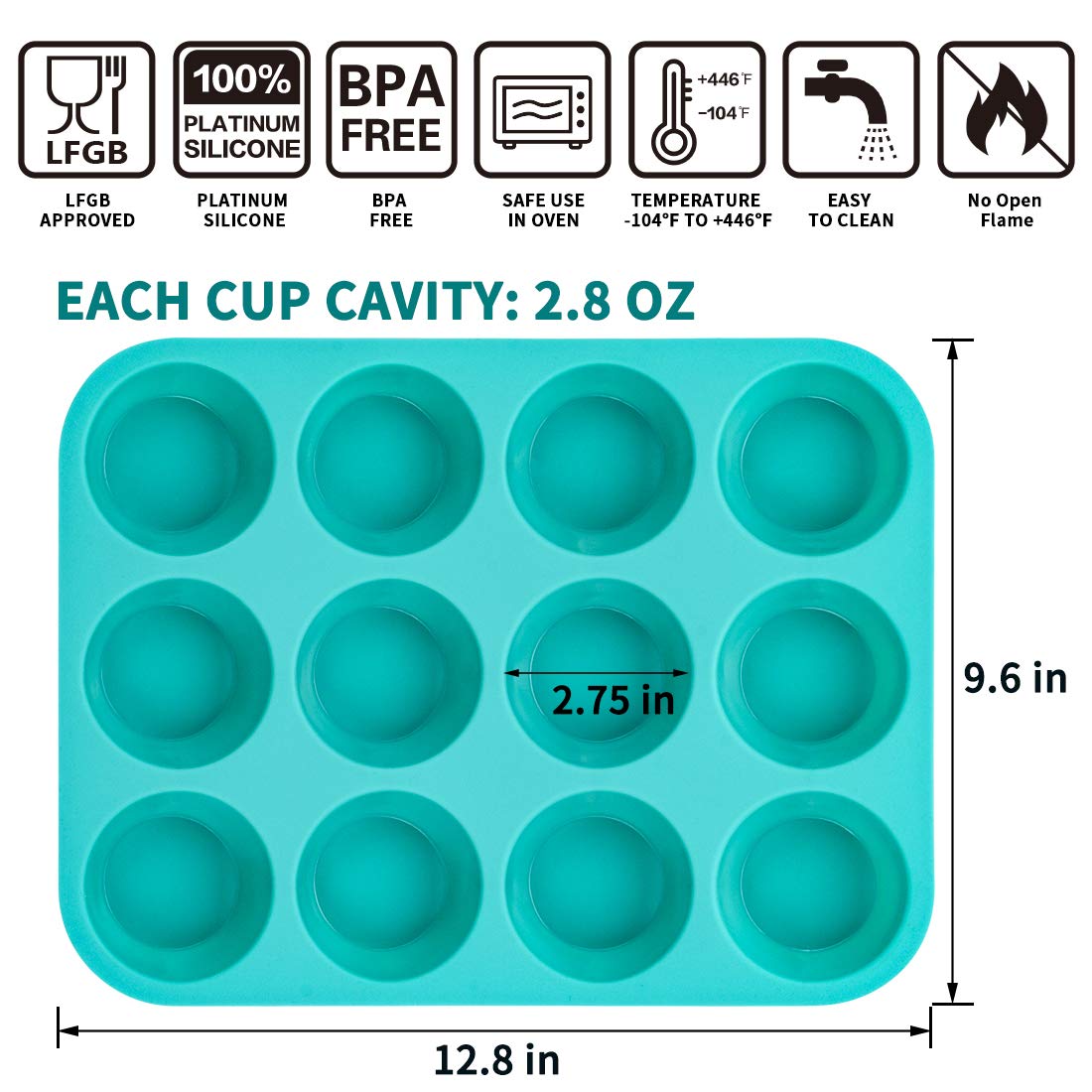 CAKETIME Silicone Muffin Pan Set, Cupcake Pans 12 Cups Silicone Baking Molds, Food Grade, Pinch Test Approved, Pack of 2