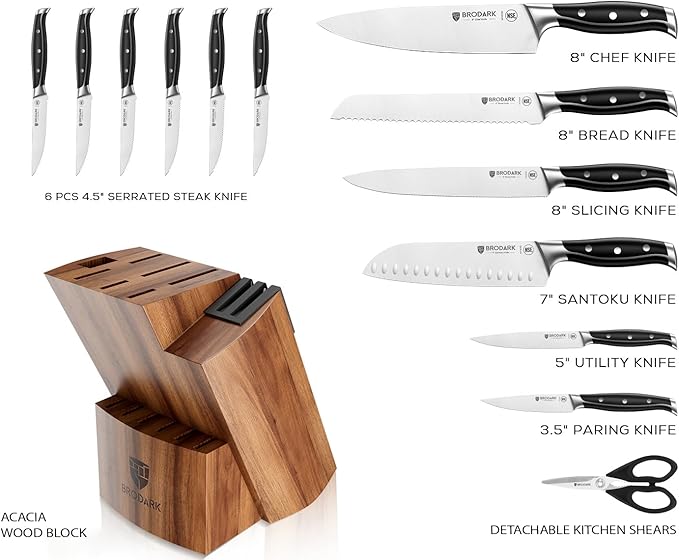 BRODARK 15Pcs High Carbon Stainless Steel Knife Set with Block, Ultra Sharp