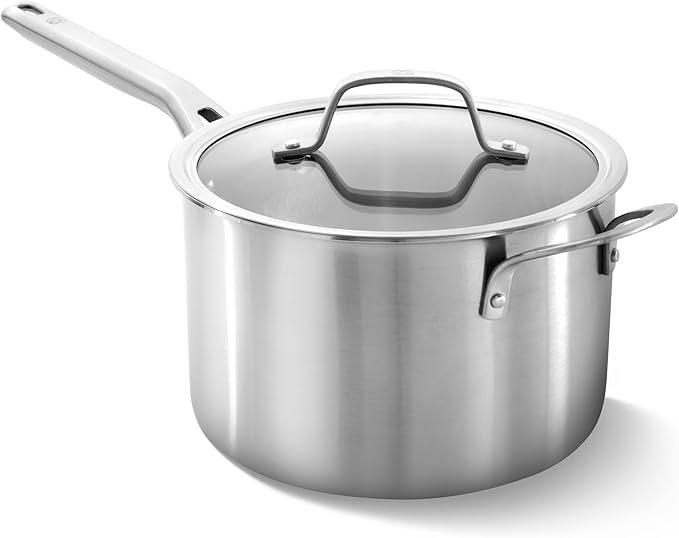 Calphalon Brushed 3-Ply Stainless Steel Cookware Set w/Turbo Heat Tech 4.5Qt Sauce Pan with Lid, Induction, Oven Safe 450F, Brushed Satinless Silver