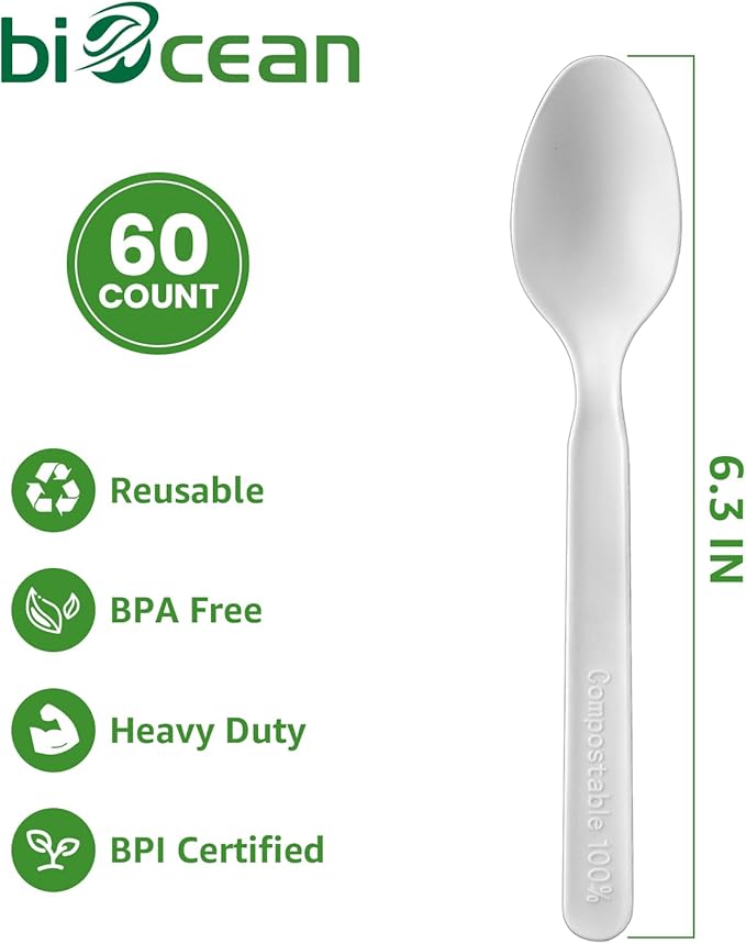 Biocean 100% Plastic Spoons 60 Count Disposable Soup Spoons Heavy Duty Utensils Disposable Silverware Eco Friendly Flatware for Party Camping Picnics Wedding-Ivory White