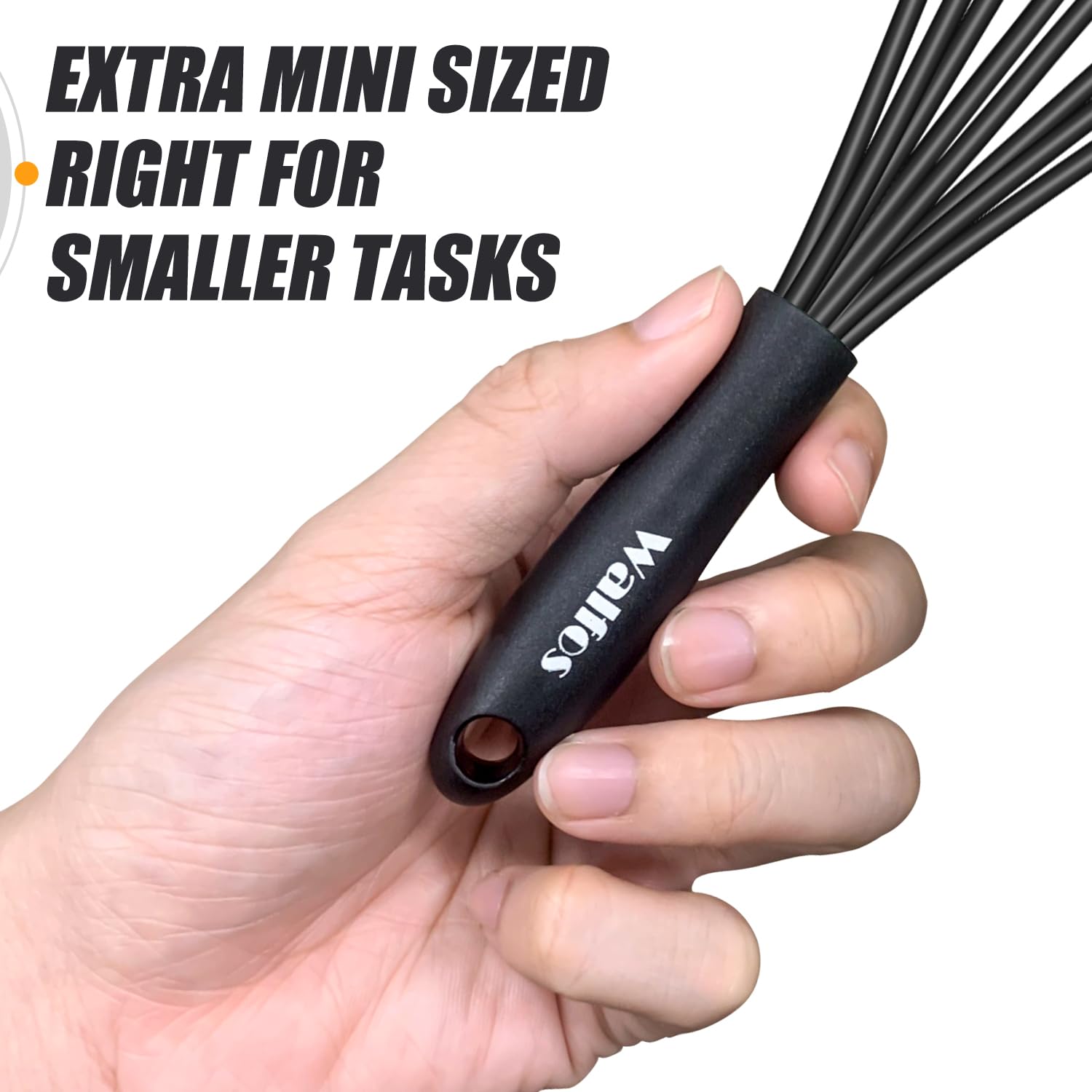 Walfos Whisk 5+7in Mini Whisk,Silicone Whisks Non Scratch Heat Resistant (480°F). Nice for stirring individual eggs and mixing small amounts of powder and sauce.Dishwasher Safe.Black