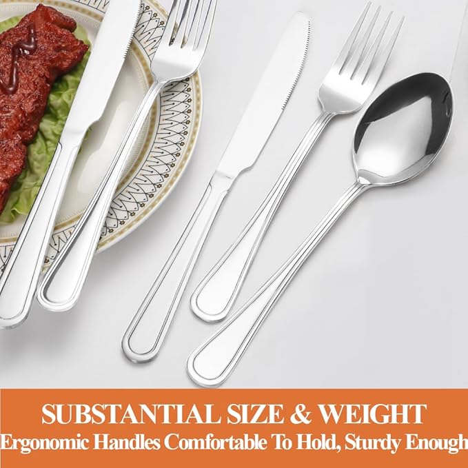 40 Pcs Silverware Set for 8, Food Grade Stainless Steel Flatware Set, Eating Utensils Sets Include Fork/Knife/Spoon, Reusable Cutlery Set for Home Kitchen, Dishwasher Safe, Double-stripe