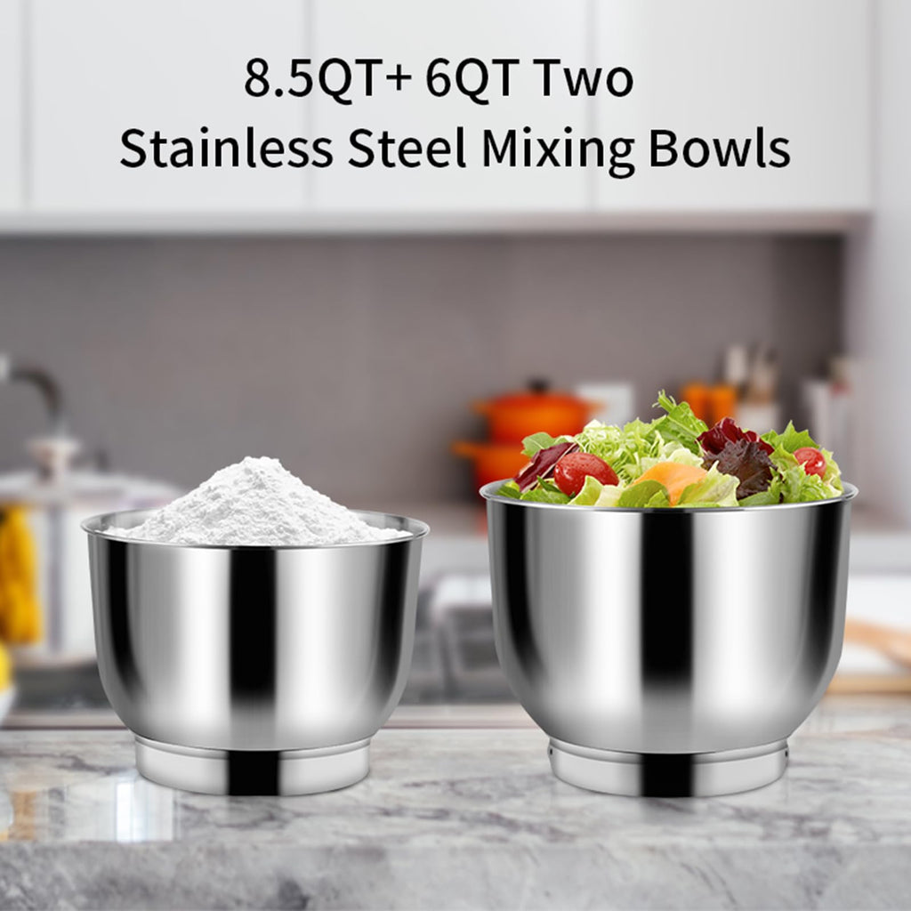Stand Mixer, 8.5QT+ 6QT Two Stainless Steel Bowls Electric Food Mixer Black