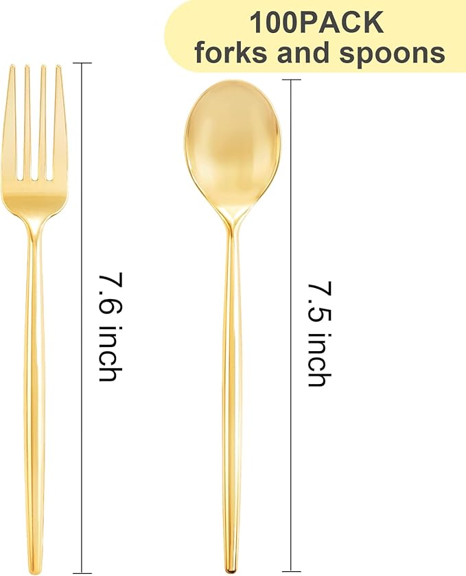 SUT 100PCS Gold Plastic Forks and Spoons Heavy Duty Set, 100 Count, Gold Disposable Flatware, 50 Forks, 50 Spoons for Party